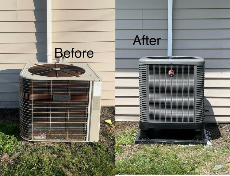 Before and after of an air conditioner changeover, an aged unit on the left and the new Rheem condenser on its pad on the right